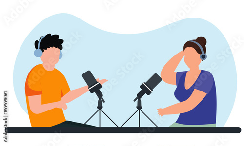 A radio announcer interviews guests on the radio station. a man and a woman