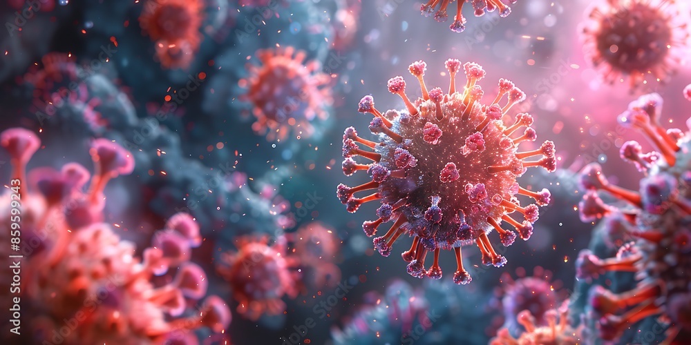Microscopic view of the COVID-19 virus in red and blue Microscopic view of the COVID-19 virus in red and blue