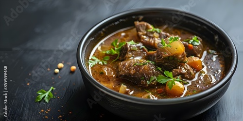 Oxtail Soup in a Black Bowl on a Dark Background. Concept Food Photography, Soup Presentation, Moody Lighting, Dark Background, Elegant Table Setting