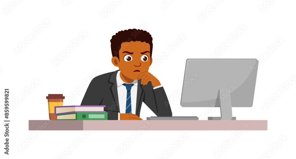 man employee sit in desk working on office and serious look to computer man employee sit in desk working on office and serious look to computer