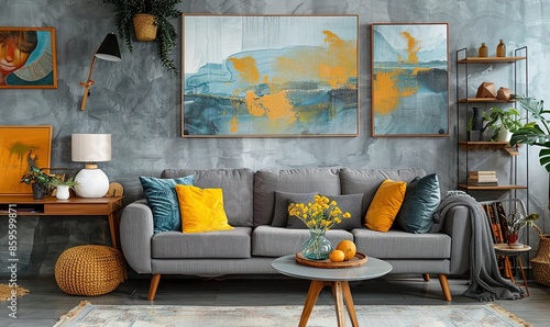 The stylish boho interior of living room at nice apartment with gray sofa wooden desk bamboo shelf coffee table honey yellow pillows plants and elegant accessories photo