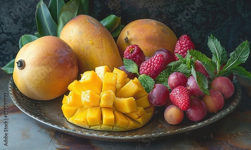 Tropical fruits arrangement, mangoes and pinneaple tropical summer still life photo