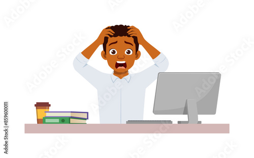 man employee sit in desk working on office and scream and panic