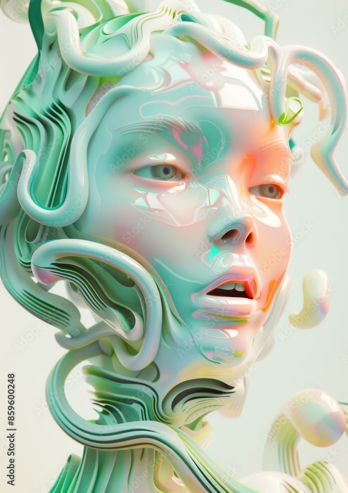 A woman with colorful hair and a snake head. Generative AI. A woman with colorful hair and a snake head. Generative AI.