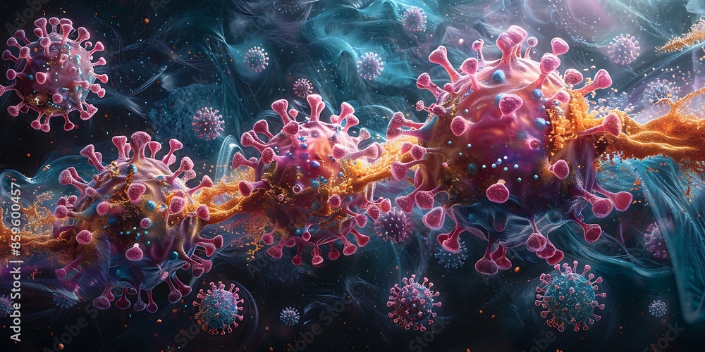 Naklejka premium Microscopic view of colorful coronavirus particles