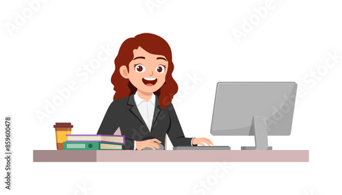 happy woman employee sit in desk working on office with computer