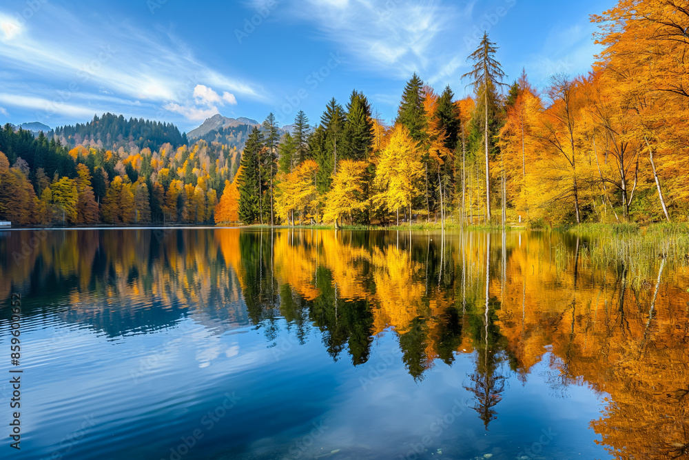 A serene lake reflecting golden autumn trees, encapsulating the tranquil beauty of harvest season A serene lake reflecting golden autumn trees, encapsulating the tranquil beauty of harvest season