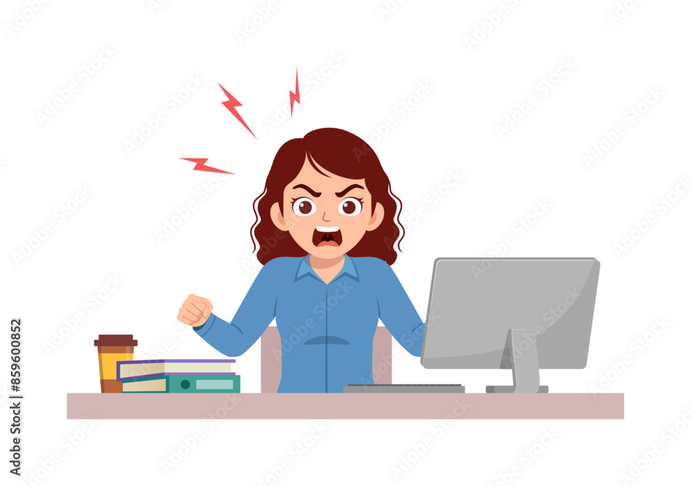 woman employee sit in desk working on office and screaming woman employee sit in desk working on office and screaming
