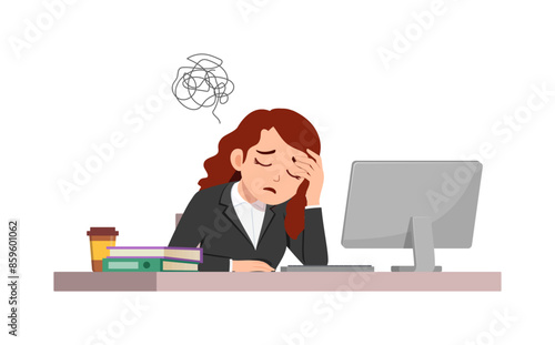 woman employee sit in desk working on office and feeling confused
