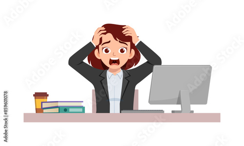 man employee sit in desk working on office and scream and panic