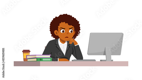 woman employee sit in desk working on office and serious look to computer