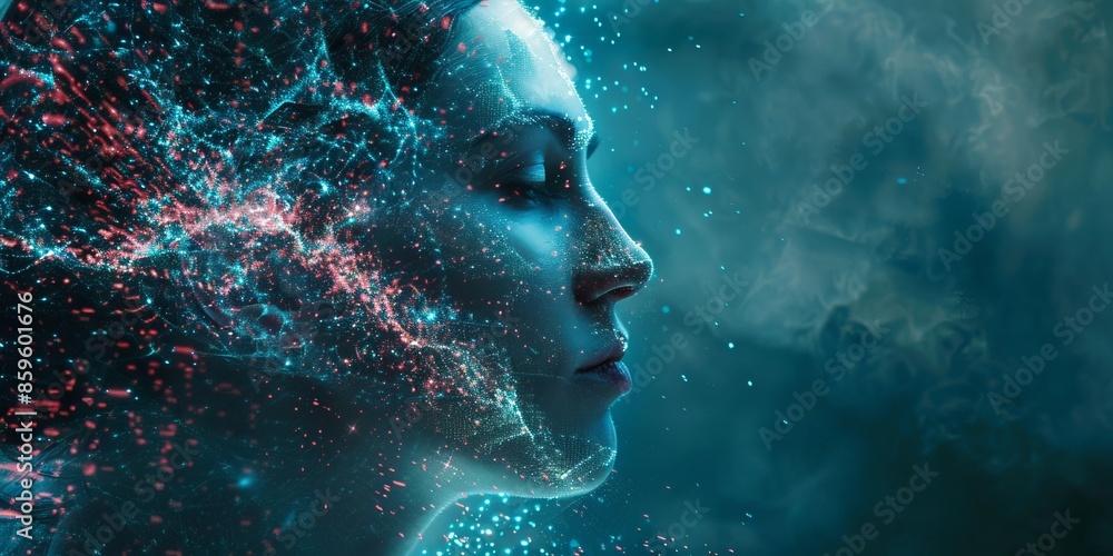 A woman's face is shown in a blue and red background with a lot of sparkles A woman's face is shown in a blue and red background with a lot of sparkles