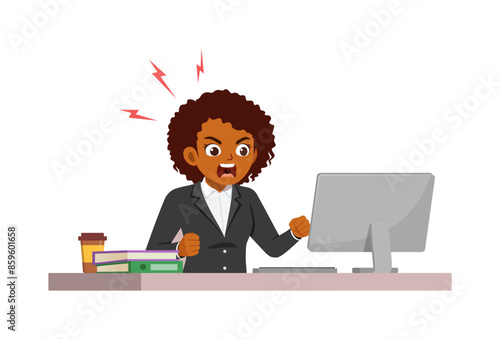 woman employee sit in desk working on office and screaming