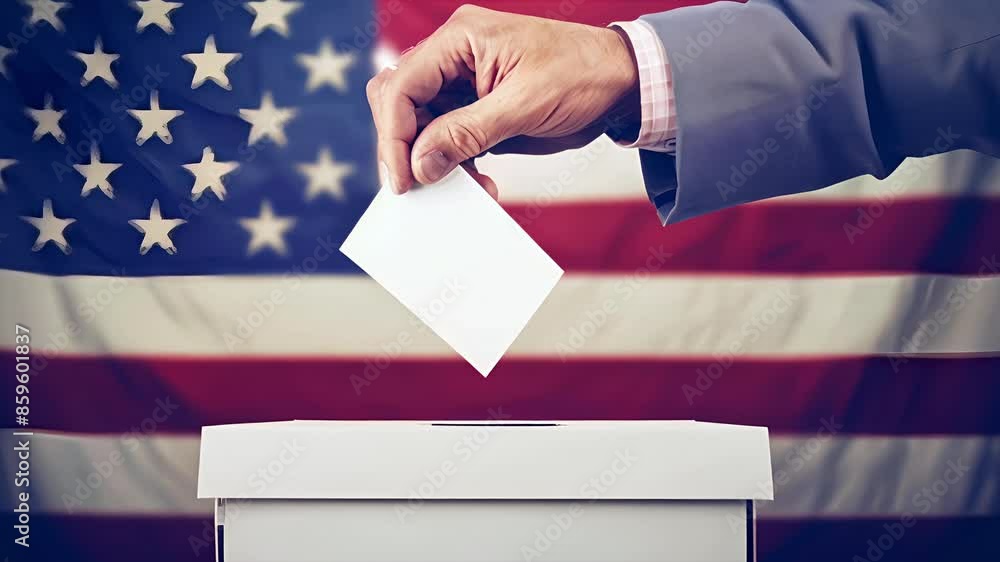 Pushing towards hand holding ballot over ballot box with an American Flag background. For election meme. Pushing towards hand holding ballot over ballot box with an American Flag background. For election meme.