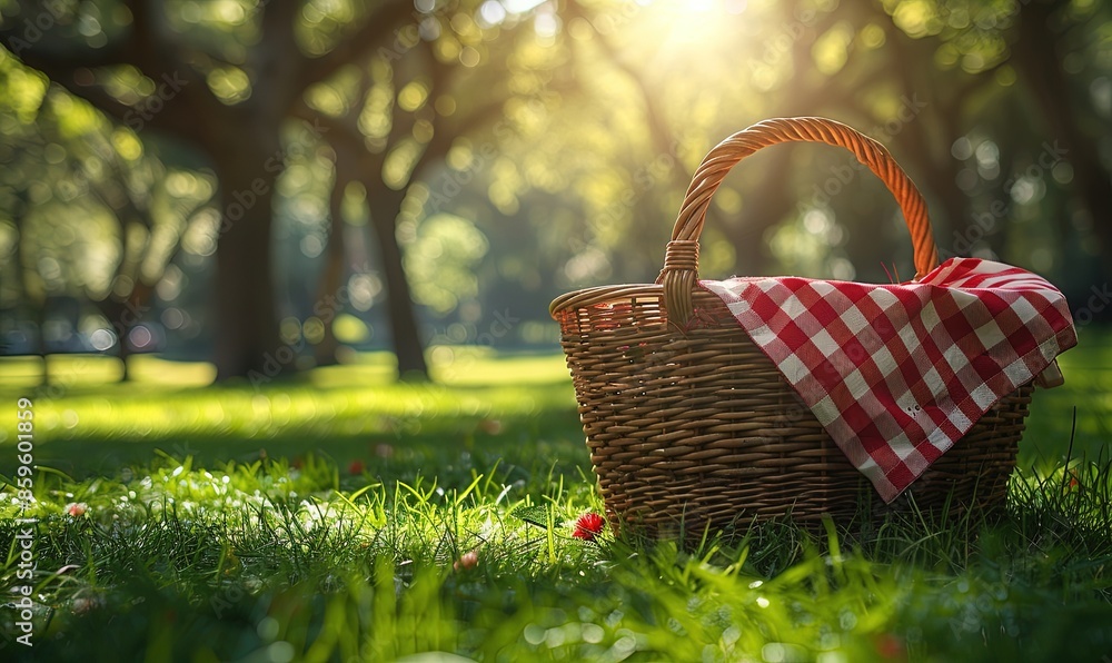 Wicker picnic basket with red and white chequered fabric on a grassy field Wicker picnic basket with red and white chequered fabric on a grassy field