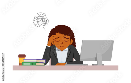 woman employee sit in desk working on office and feeling confused