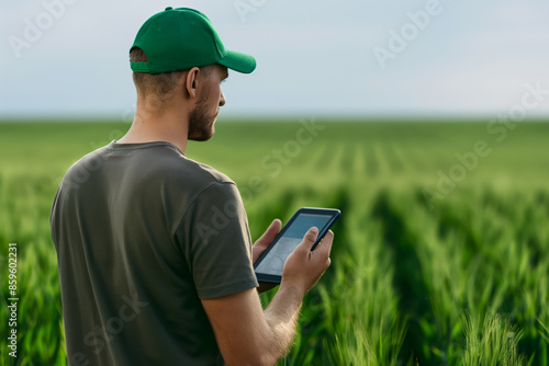 Young farmer utilizing AI-based weather forecasting app for crop planning in a flourishing barley field  © fotogurmespb
