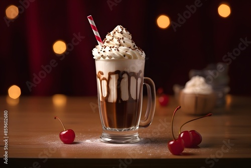 Decadent chocolate milkshake with whipped cream and cherries in a glass mug.