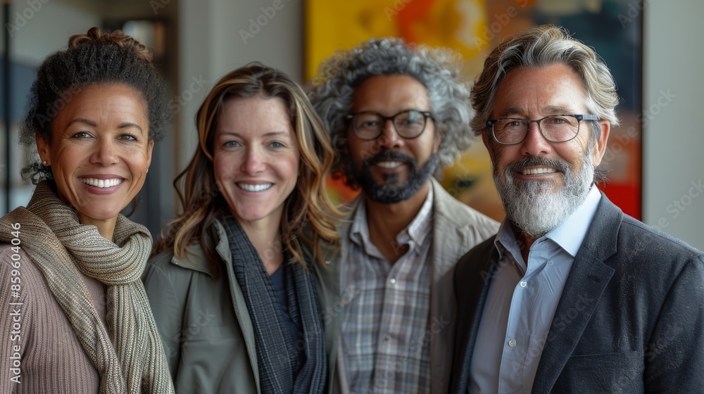 A diverse group of four smiling colleagues stands together in a professional setting, exuding a sense of teamwork, camaraderie, and positive work environment. A diverse group of four smiling colleagues stands together in a professional setting, exuding a sense of teamwork, camaraderie, and positive work environment.