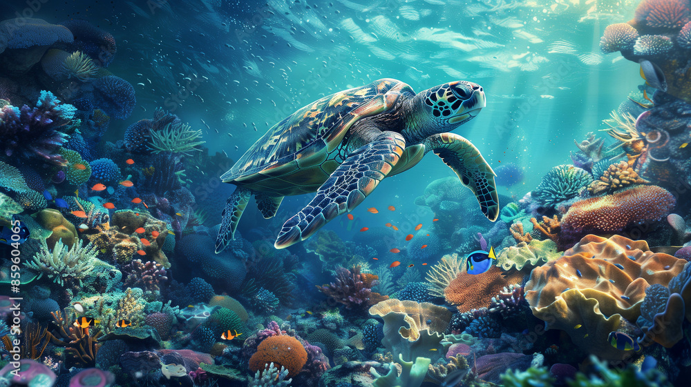 Fototapeta premium underwater turtle swimming gracefully through a coral reef,