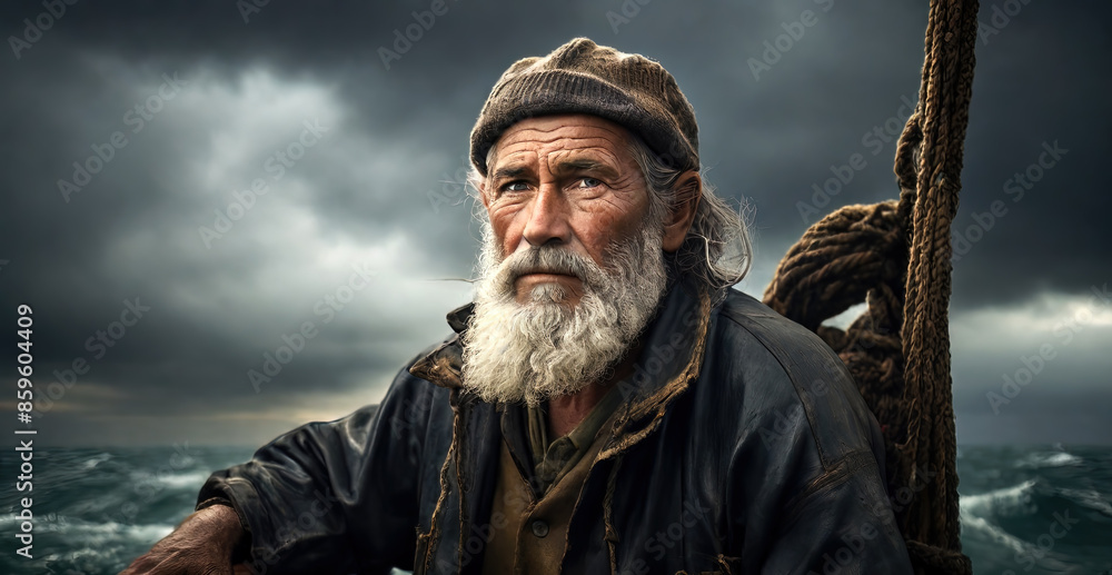 Obraz premium Portrait of an old fisherman in a fishing boat at stormy sea, generative AI