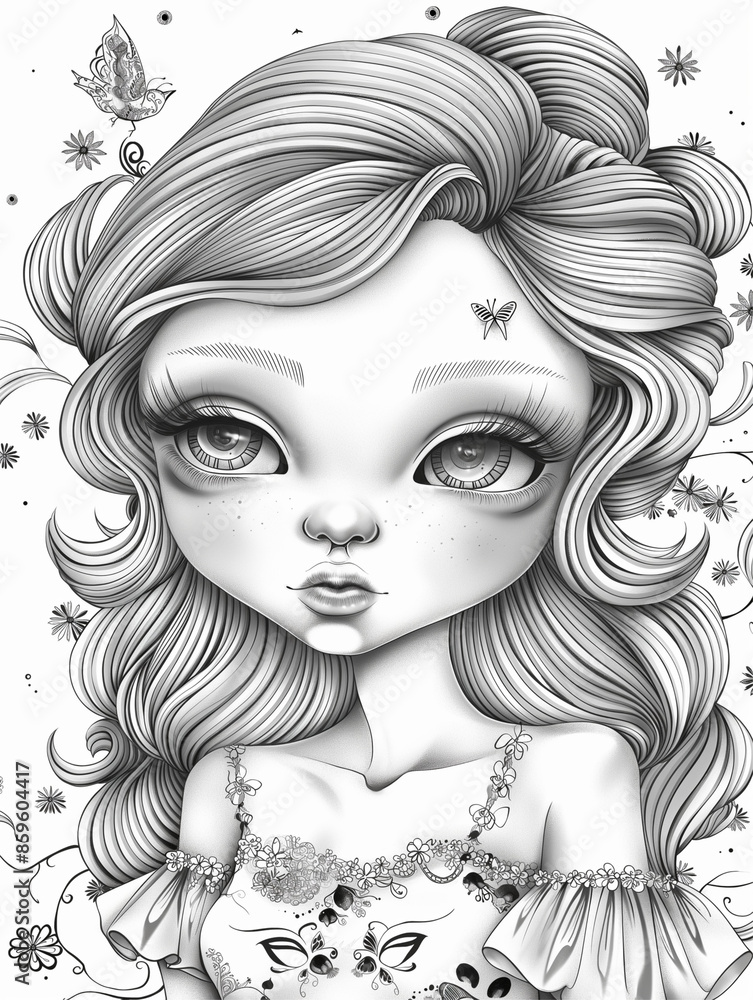 A black and white illustration of a girl with large eyes, wavy hair, and delicate features, set against a background adorned with whimsical elements and patterns. A black and white illustration of a girl with large eyes, wavy hair, and delicate features, set against a background adorned with whimsical elements and patterns.
