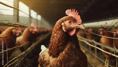 Hen on chicken poultry farm photo