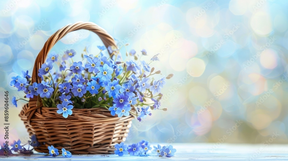 Forget me not bouquet in wicker basket on abstract spring background Forget me not bouquet in wicker basket on abstract spring background