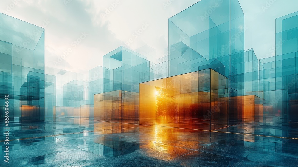 This image captures an abstract cityscape of modern architecture, featuring transparent glass cube structures illuminated by the warm glow of a sunset, reflected on a wet surface. This image captures an abstract cityscape of modern architecture, featuring transparent glass cube structures illuminated by the warm glow of a sunset, reflected on a wet surface.