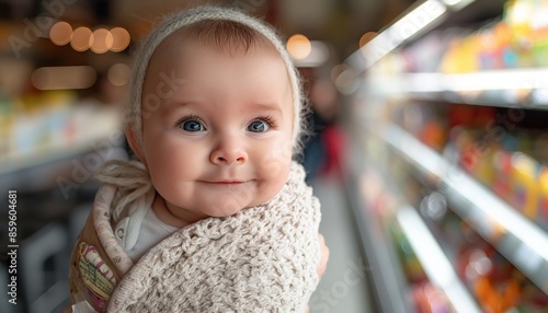 A charming baby wearing a crocheted hat is smiling while being carried in a grocery store. Brightly lit shelves with products line the background, adding warmth to the scene.