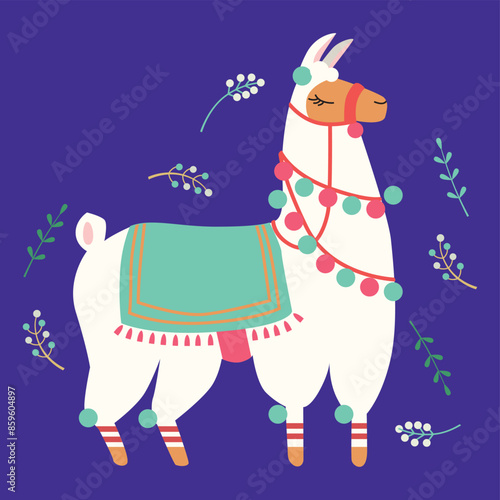 Card with Lama and berries on background. 