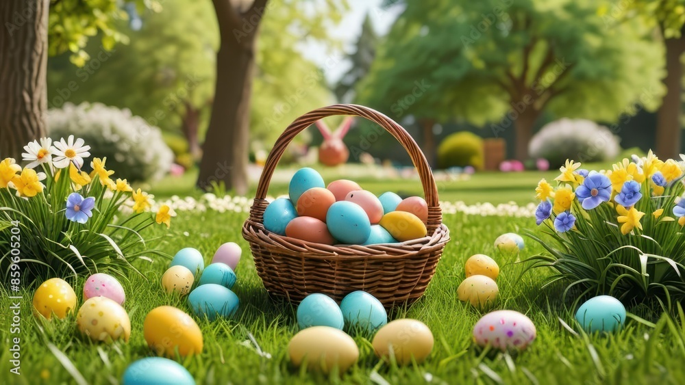 Serene Easter egg hunt in a park, with colorful eggs hidden among blooming flowers and a basket on the grass. Serene Easter egg hunt in a park, with colorful eggs hidden among blooming flowers and a basket on the grass.