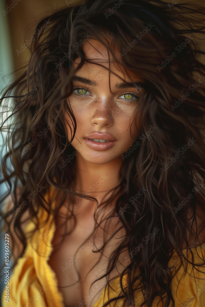 A captivating image of a woman with long, wavy hair wearing a yellow top, striking a confident and stylish pose, evoking a sense of mystery and allure. A captivating image of a woman with long, wavy hair wearing a yellow top, striking a confident and stylish pose, evoking a sense of mystery and allure.