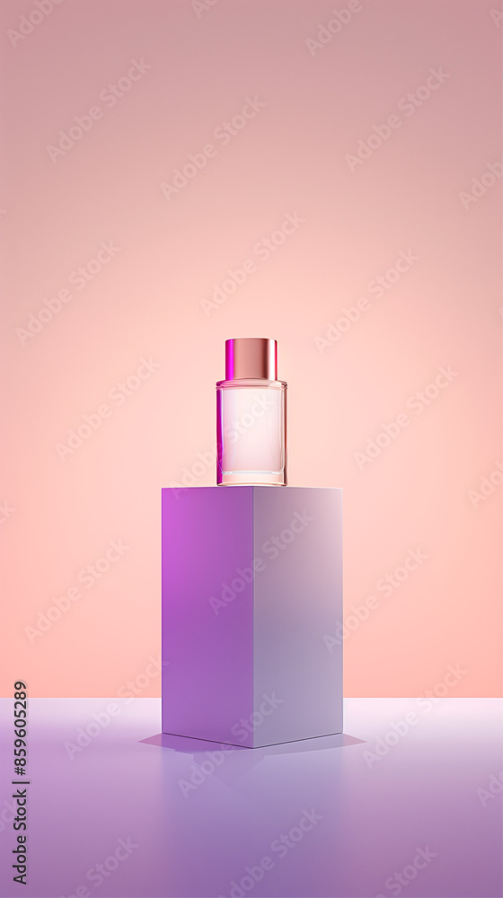 A stylish perfume bottle with a golden cap, positioned on a minimalist pedestal in front of a pink to purple gradient background, showing elegance and sophistication. A stylish perfume bottle with a golden cap, positioned on a minimalist pedestal in front of a pink to purple gradient background, showing elegance and sophistication.