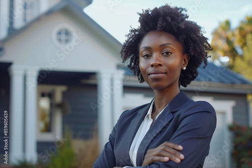 Confident african american woman real estate agent in suit stands behind a house for sale