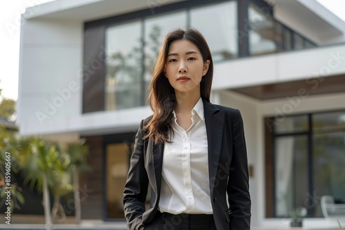 Confident asian woman real estate agent in suit stands behind a house for sale Free Download Confident asian woman real estate agent in suit stands behind a house for sale - GFXLoad