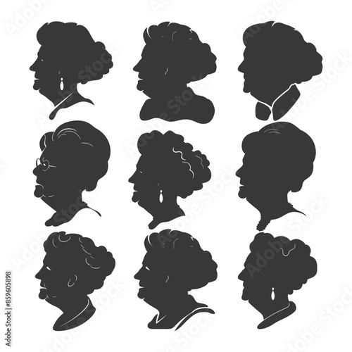 Nine Vintage Silhouette Profiles: Elderly Women with Ornate Hairstyles and Necklaces.