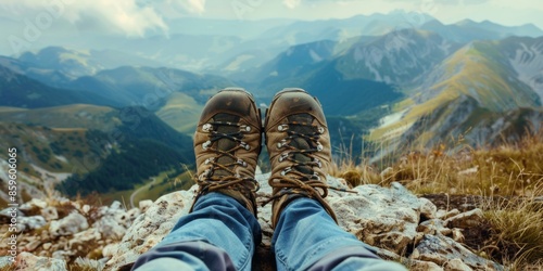 A man is sitting on top of a mountain with his legs tucked up. the man is resting from his journey and enjoying the beautiful view. © Александр Михайлюк