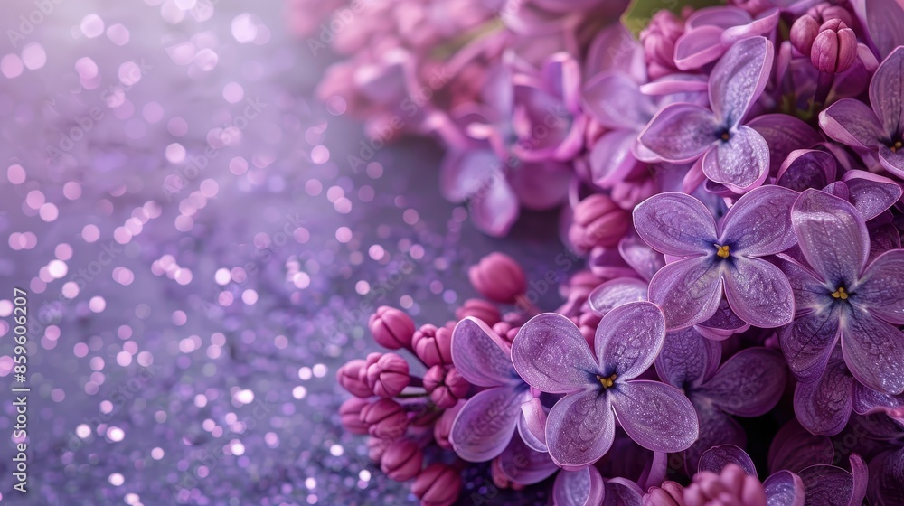 Cluster of lilac flowers with a glittery background. The lilacs are in various shades of purple, from light lavender to deep violet, with some flowers still in bud form and others fully bloomed Cluster of lilac flowers with a glittery background. The lilacs are in various shades of purple, from light lavender to deep violet, with some flowers still in bud form and others fully bloomed