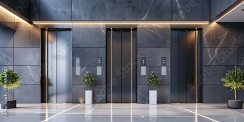 Three modern elevators in the impressive architecture of a contemporary office building