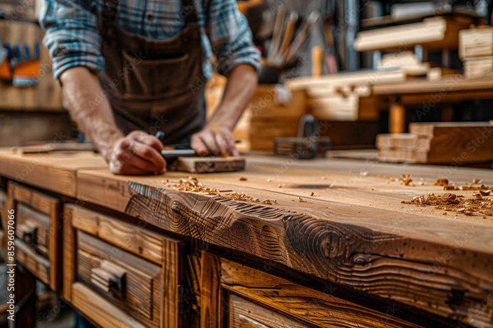 The man is a master woodworker making wooden furniture in his workshop. Carpenter The man is a master woodworker making wooden furniture in his workshop. Carpenter