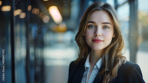 Wallpaper Mural Une jeune femme d'affaires souriante, portant un costume, posant dans un couloir de bureau avec un arrière-plan flou. Torontodigital.ca