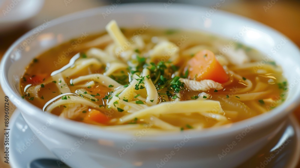 Fresh homemade chicken soup with noodles in a white bowl close up Fresh homemade chicken soup with noodles in a white bowl close up