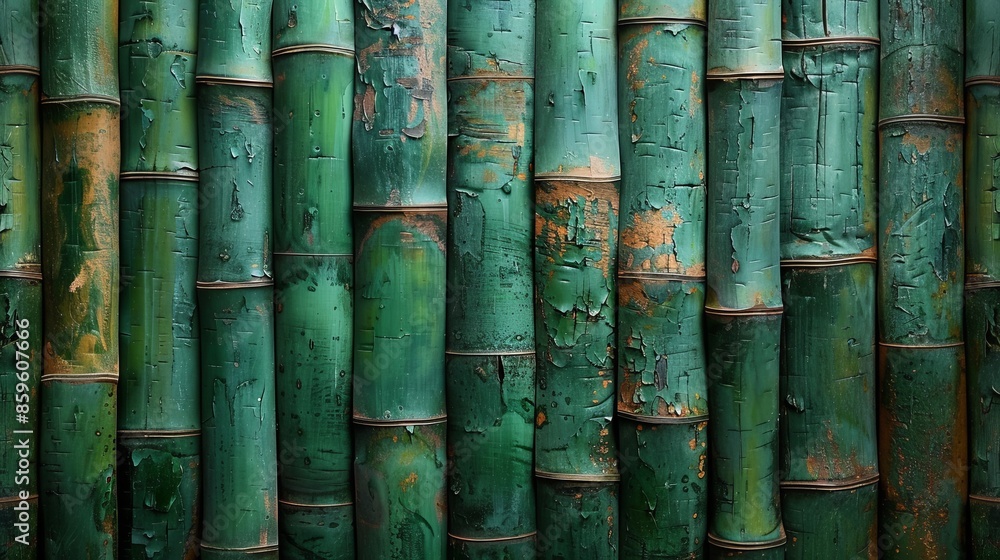 Weathered green bamboo trunks with peeling textures, displaying an aged and organic look that evokes a sense of nature's resilience and rustic beauty. Weathered green bamboo trunks with peeling textures, displaying an aged and organic look that evokes a sense of nature's resilience and rustic beauty.