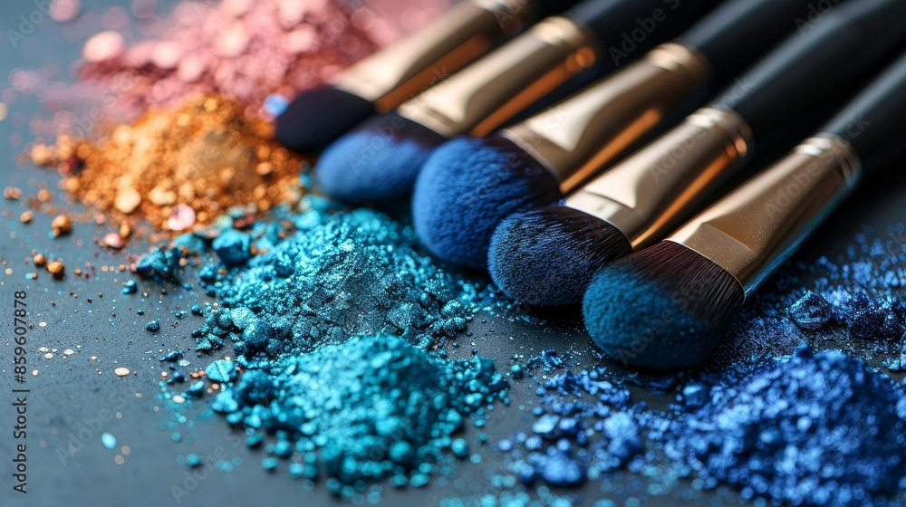 Five makeup brushes are surrounded by vibrant blue and copper powder, symbolizing the fusion of fashion and beauty through the art of makeup. Five makeup brushes are surrounded by vibrant blue and copper powder, symbolizing the fusion of fashion and beauty through the art of makeup.