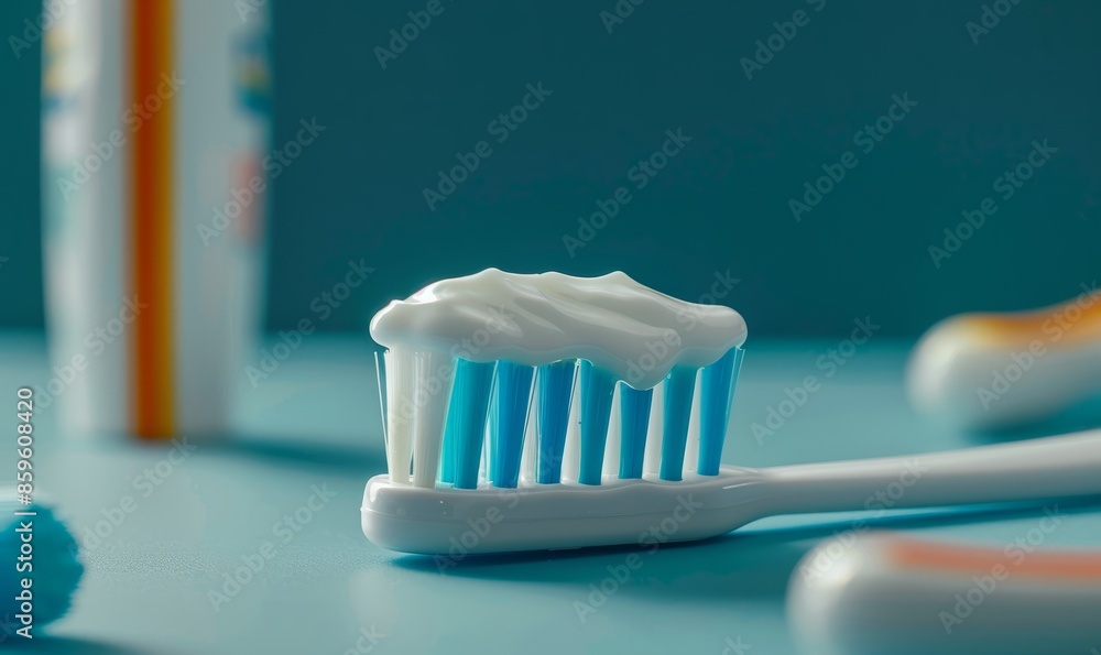Close up of toothbrush and toothpaste with blue background Close up of toothbrush and toothpaste with blue background