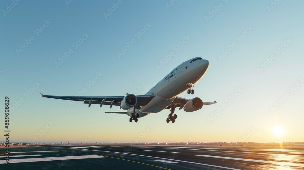 Naklejka premium Elevating Dreams: Airplane Lift-Off in Perfect Weather