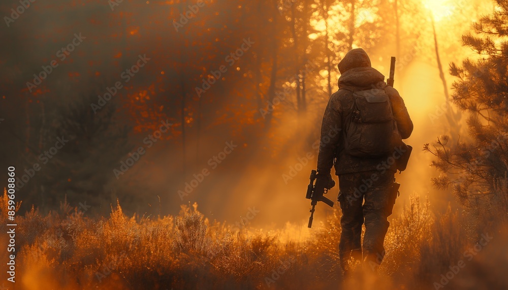 Silhouette of a solitary hunter walking with a rifle through the forest during autumn sunrise Silhouette of a solitary hunter walking with a rifle through the forest during autumn sunrise