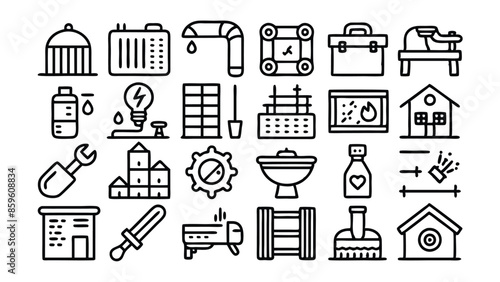 Set of 60 outline icons related to plumbing, heating, ventilation, construction, renovation. Linear icon collection. Editable stroke. Vector illustration