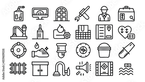 Set of 60 outline icons related to plumbing, heating, ventilation, construction, renovation. Linear icon collection. Editable stroke. Vector illustration